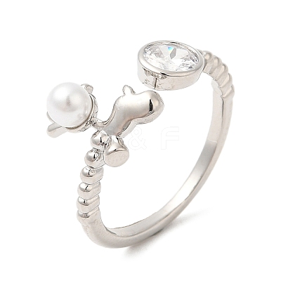 Plastic Pearl Christmas Deer Open Cuff Ring with Cubic Zirconia RJEW-R139-01P-1