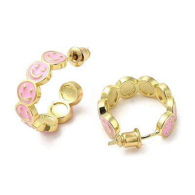 Smiling Face Golden Brass Stud Earrings EJEW-L268-016G-02-1