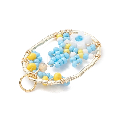 Glass Seed Beaded Oval with Flower Pendants PALLOY-MZ01061-02-1