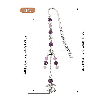 Natural Amethyst Round Beads & Alloy Angel Bookmarks AJEW-TA00053-1