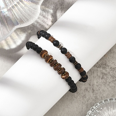 2Pcs 2 Styles Coconut and Natural Black Agate Beads Stretch Bracelets for Women BJEW-JB12672-1