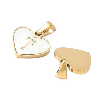 304 Stainless Steel Pave Natural White Shell Heart with Initial Slice Pendants STAS-R168-25G-T-1