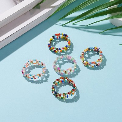 Round Mixed Style Glass Seed Beaded Finger Rings RJEW-JR00318-1