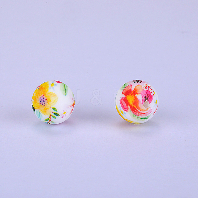 Printed Round with Flower Pattern Silicone Focal Beads SI-JX0056A-166-1