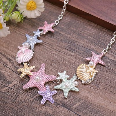 Summer Beach Alloy Colorful Enamel Starfish & Shell Bib Necklaces NJEW-B113-06-1