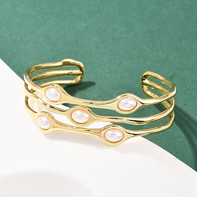 22MM Brass & ABS Plastic Pearl 3 Line Cuff Bangles for Women BJEW-L707-01G-1