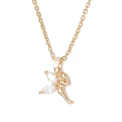 Fairy Brass Pave Clear Cubic Zirconia Pendant 304 Stainless Steel Cable Chain Necklaces for Women NJEW-JN05600-1