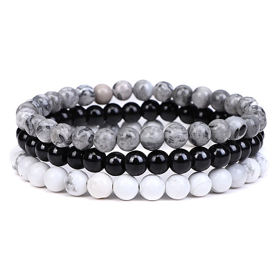 3Pcs 3 Style Natural Map Stone & Black Agate & Howlite Round Beaded Stretch Bracelets Set PW23030763586-1