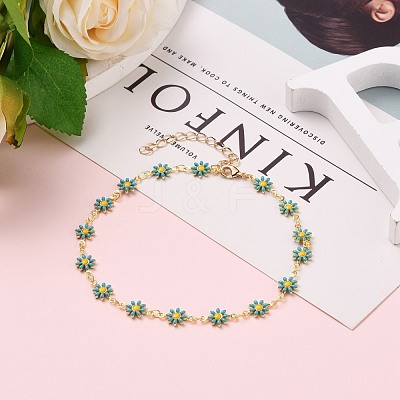 Golden Brass Flower Enamel Links Anklets AJEW-AN00333-02-1