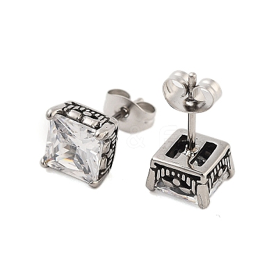 Square 316 Surgical Stainless Steel Pave Cubic Zirconia Stud Earrings for Women Men EJEW-Z050-03B-AS-1