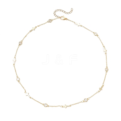 Brass Pave Clear Cubic Zirconia Flat Round Cross Link Chain Necklaces with 304 Stainless Steel End Chains NJEW-JN05335-1