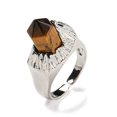 Hexagonal Prism Natural Tiger Eye Open Cuff Rings RJEW-B106-01P-06-1
