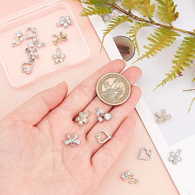 16Pcs 8 Style  Rack Plating Brass Micro Pave Cubic Zirconia Charms ZIRC-FH0001-17-1