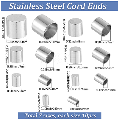 70Pcs 7 Styles Stainless Steel Cord Ends STAS-SC0010-77-1