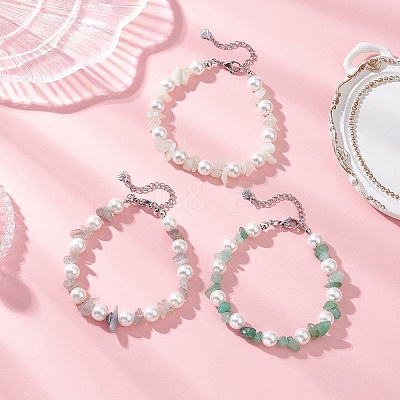 3Pcs Natural Mixed Gemstone Chip & Glass Shell Round Beaded Bracelets BJEW-JB12317-1