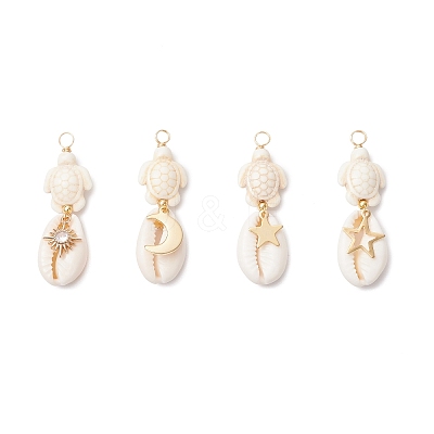 4Pcs 4 Styles Natural Cowrie Shell & Dyed Synthetic Turquoise Turtle Copper Wire Wrapped Pendants PALLOY-JF04035-02-1