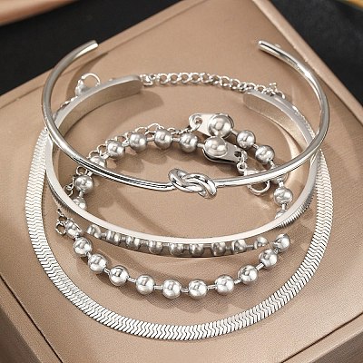 4Pcs 304 Stainless Steel Chain Bracelets & Cuff Bangles Sets for Women Men BJEW-F505-02P-1