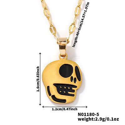 Stylish Halloween Skull 304 Stainless Steel Black Enamel Pendant Dapped Chain Necklaces IJ5988-1