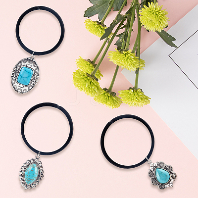 3Pcs 3 Styles Rubber & Synthetic Turquoise Elastic Hair Accessories AJEW-CY0001-75-1