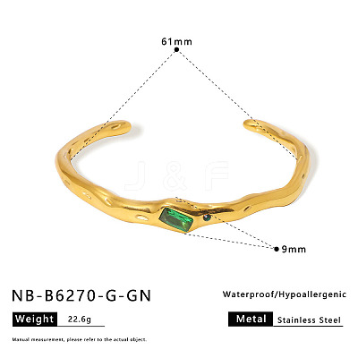 304 Stainless Steel Micro Pave Green Cubic Zirconia Cuff Bangles for Women WG3B407-04-1