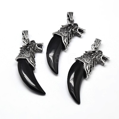 Tusk Shape with Wolf Antique Silver Zinc Alloy Natural Dyed & Heated Black Agate Big Pendants X-G-F228-63B-FF-1