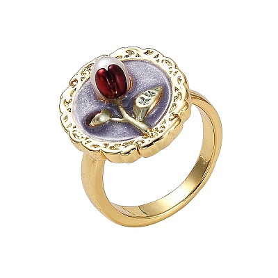 Flower Pattern Brass Enamel & Natural Freshwater Pearl Open Cuff Rings for Women RJEW-G342-01G-02-1
