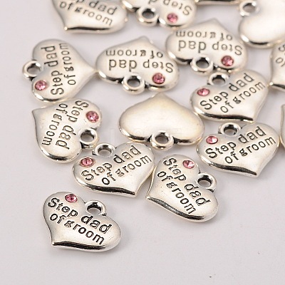 Wedding Theme Antique Silver Tone Tibetan Style Alloy Heart with Step Dad of Groom Rhinestone Charms LS-TIBEP-N005-23B-1