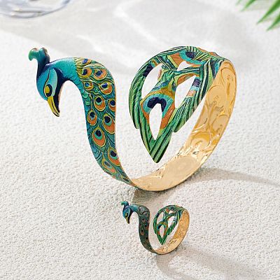 Iron Enamel Peacock Cuff Bangle & Ring Sets for Women WG60250-01-1
