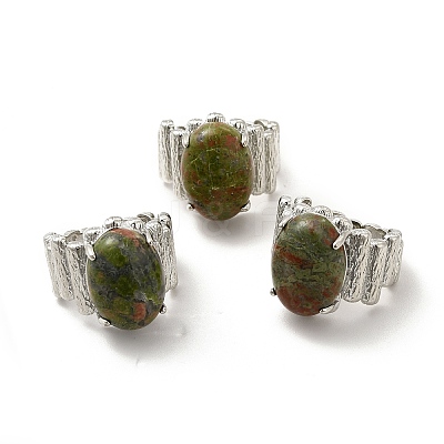 Natural Unakite Oval Open Cuff Ring RJEW-P082-03P-12-1