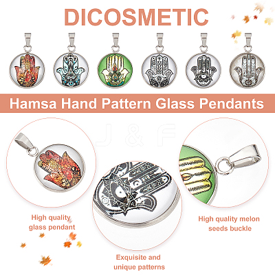 24Pcs 6 Color Hamsa Hand Pattern Glass Pendants GLAA-DC0001-01-1