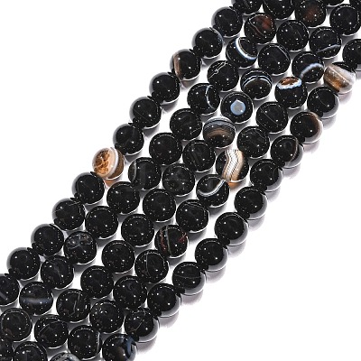 Round Dyed & Heated Natural Black Agate Beads Strands G-G582-8mm-07-1