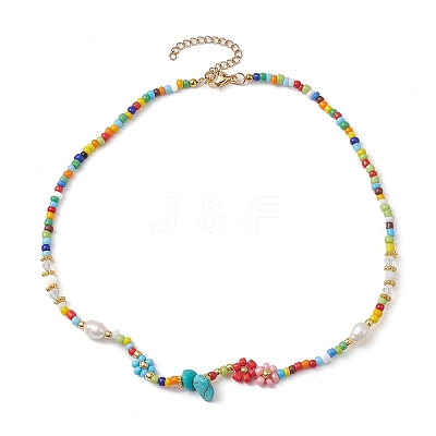 Flower Glass Seed & Pearl Beaded Necklaces NJEW-JN04677-01-1