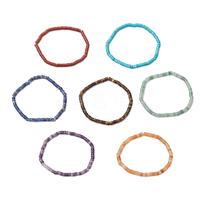 7Pcs Natural Red Aventurine/ Red Jasper/ Green Aventurine/ Tiger Eye/ Turquoise/ Lapis Lazuli/ Lepidolite Beads Stretch Bracelets for Women BJEW-JB11670-1