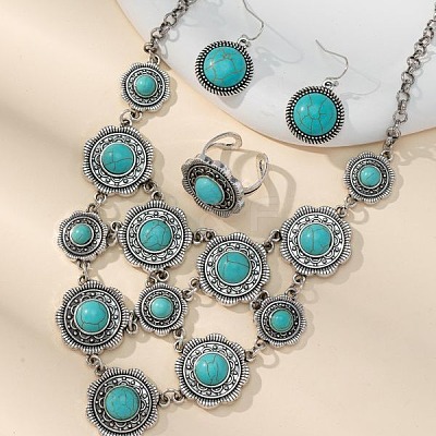Bohemia Round Synthetic Turquoise Necklaces & Dangle Earring & Cuff Rings Sets WGA21BC-02-1