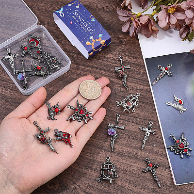 24Pcs 12 Styles Gothic Alloy Rhinestone/Acrylic/Enamel Pendants Sets FIND-SC0023-29-1