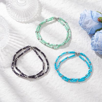 3Pcs 3 Colors Natural Freshwater Shell Beads Double Layered Stretch Bracelets for Women BJEW-JB12124-1