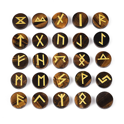 Brass Elder Futhark Alphabet Engraved Symbol Flat Round Natural Tiger Eye Rune Stones G-I373-01L-1