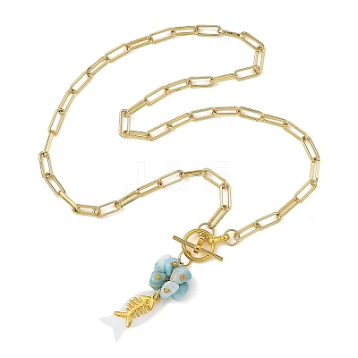 Ocean Natural Larimar & Whtie Shell Fish Pendant Brass Paperclip Chain Necklaces with OT Clasps for Women NJEW-JN06475-1