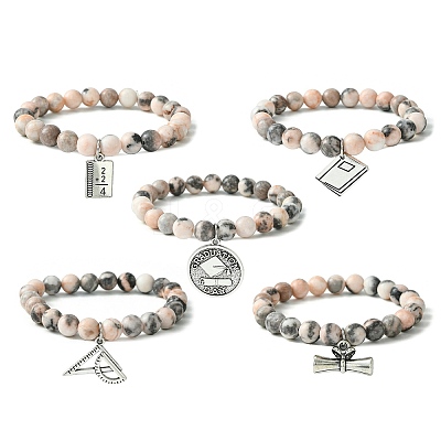 Natural Pink Zebra Jasper Round Beaded Stretch Bracelet BJEW-JB09792-1