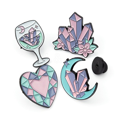 4Pcs 4 Style Heart & Flower & Moon & Wine Glass Enamel Pin JEWB-FS0001-04-1