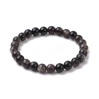 Natural Silver Obsidian Round Beaded Stretch Bracelets BJEW-JB11042-1