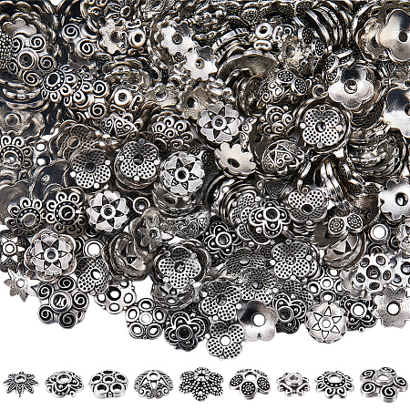 450Pcs 9 Styles Tibetan Style Alloy Bead Caps FIND-BM0001-31-1