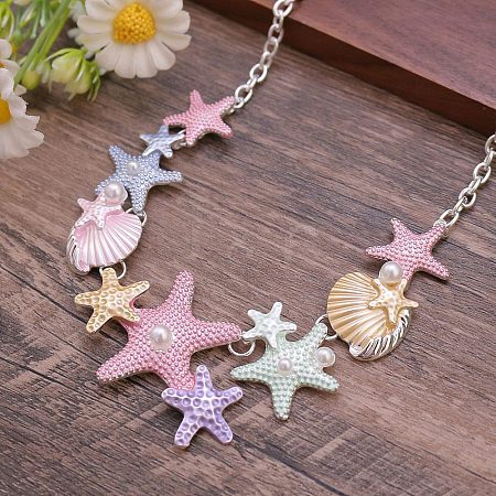 Summer Beach Alloy Colorful Enamel Starfish & Shell Bib Necklaces NJEW-B113-06-1