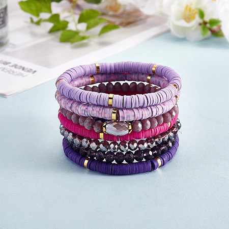 7Pcs 7 Style Handmade Polymer Clay Heishi Surfer Stretch Bracelets Set BJEW-SW00073-05-1