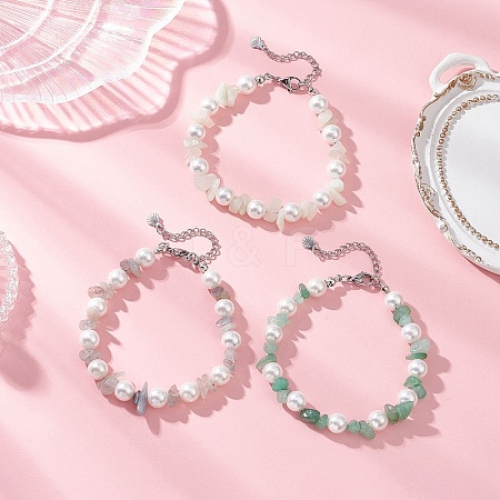 3Pcs Natural Mixed Gemstone Chip & Glass Shell Round Beaded Bracelets BJEW-JB12317-1