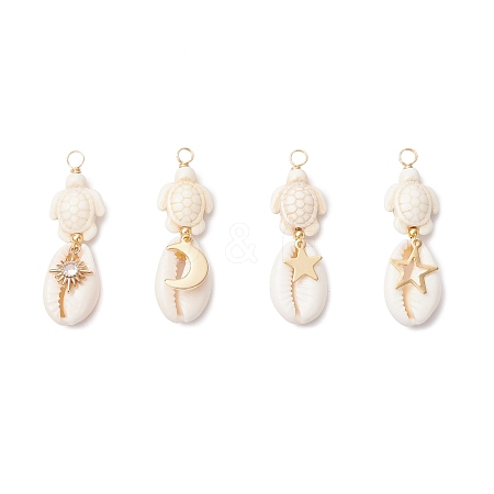 4Pcs 4 Styles Natural Cowrie Shell & Dyed Synthetic Turquoise Turtle Copper Wire Wrapped Pendants PALLOY-JF04035-02-1