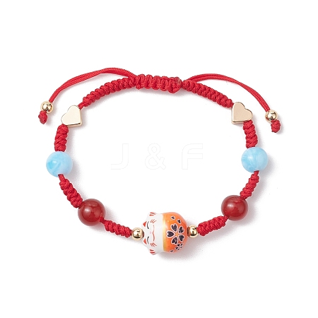 Fortune Cat Handmade Porcelain & Natural Carnelian & Acrylic Braided Bead Bracelets BJEW-JB10504-1