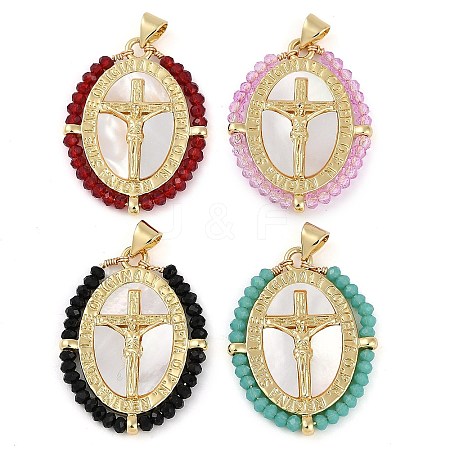 Rack Plating Brass Pave Shell Religion Jesus Cross Pendants KK-U032-01G-B-1