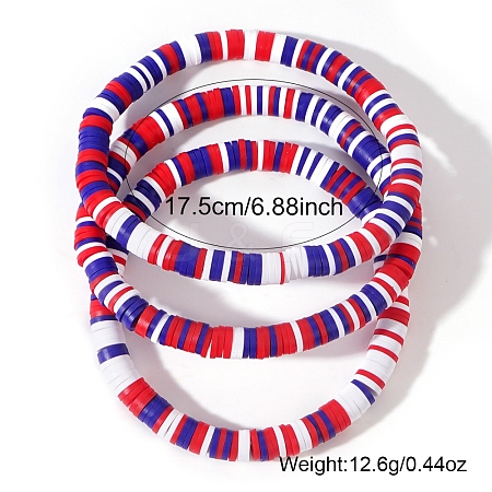 3Pcs Red White Blue Handmade Polymer Clay Heishi Beads Stretch Bracelets Set PW-WG85032-01-1