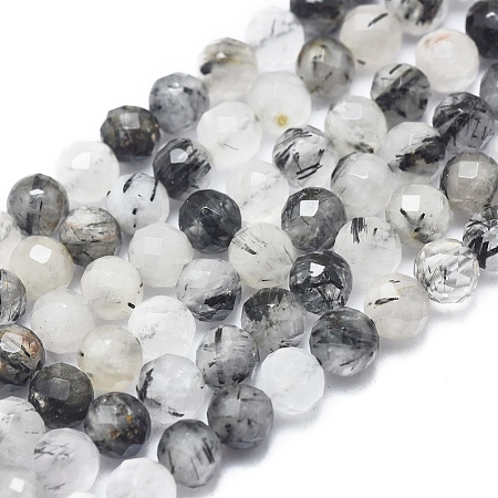  Jewelry Beads Findings Natura Tourmalinated Quartz/Black Rutilated Quartz Beads Strands, Faceted, Round, 6mm, Hole: 0.8mm, about 70 pcs/Strand, 15.75